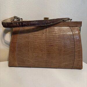 Vtg 1940s Stunning Lizard Skin Leather Brown Frame Structured Handbag Clasp